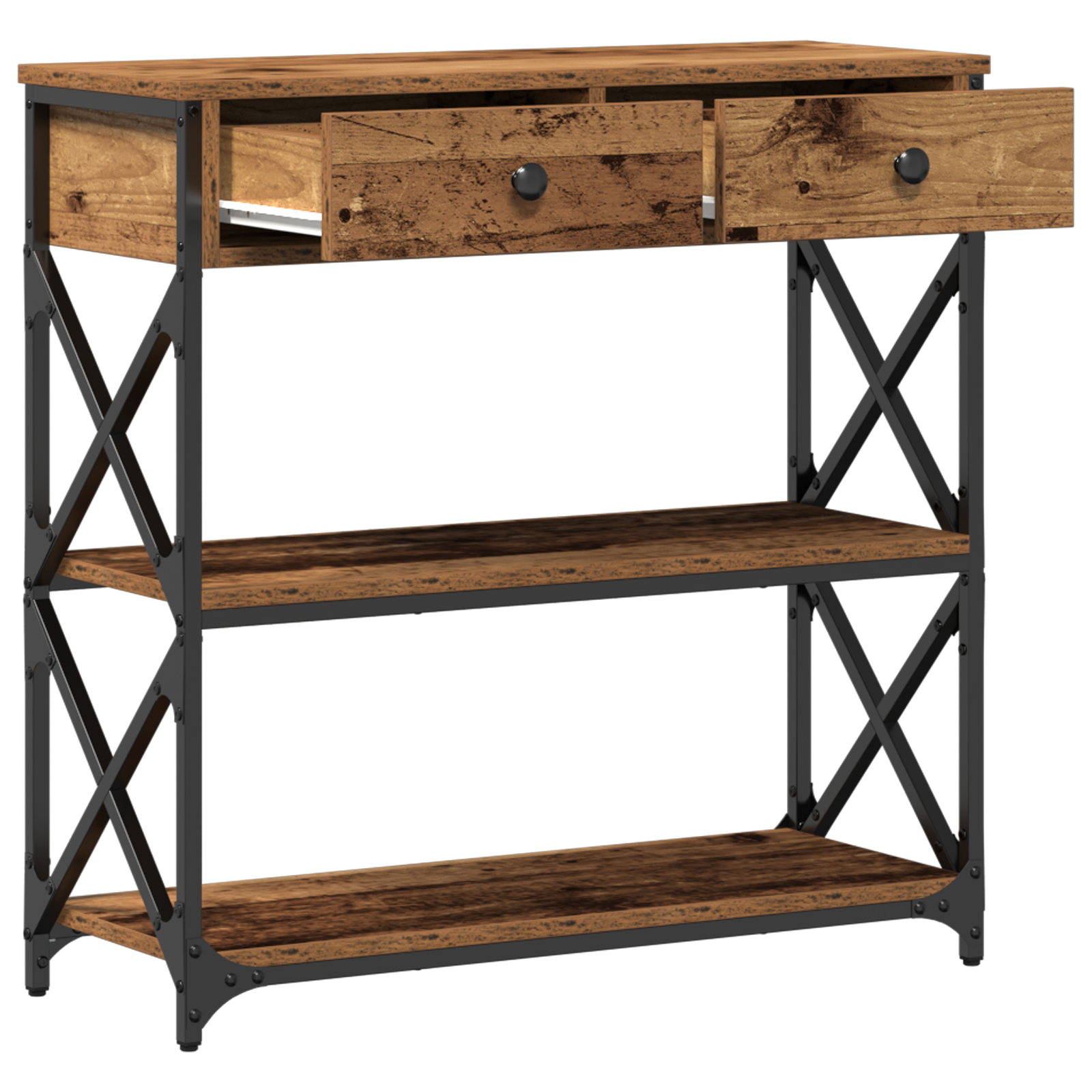 Konsollbord i gammel tre 75x28x75 cm laget av konstruert tre og stål