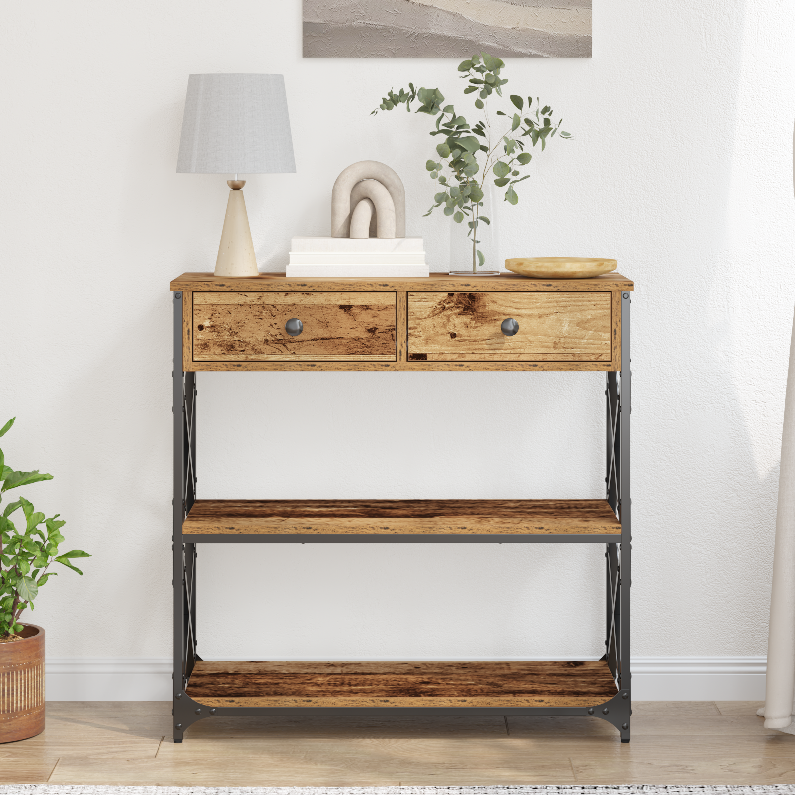 Konsollbord i gammel tre 75x28x75 cm laget av konstruert tre og stål