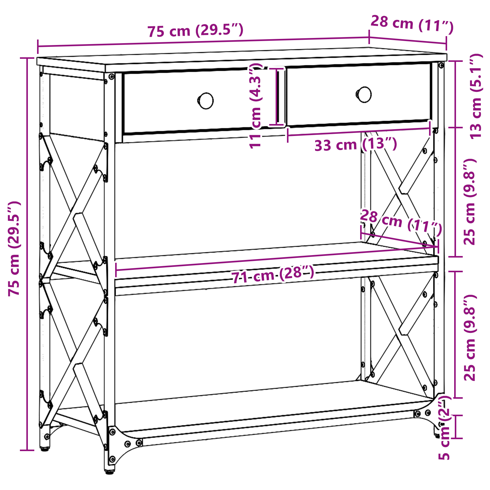 Konsollbord i gammel tre 75x28x75 cm laget av konstruert tre og stål