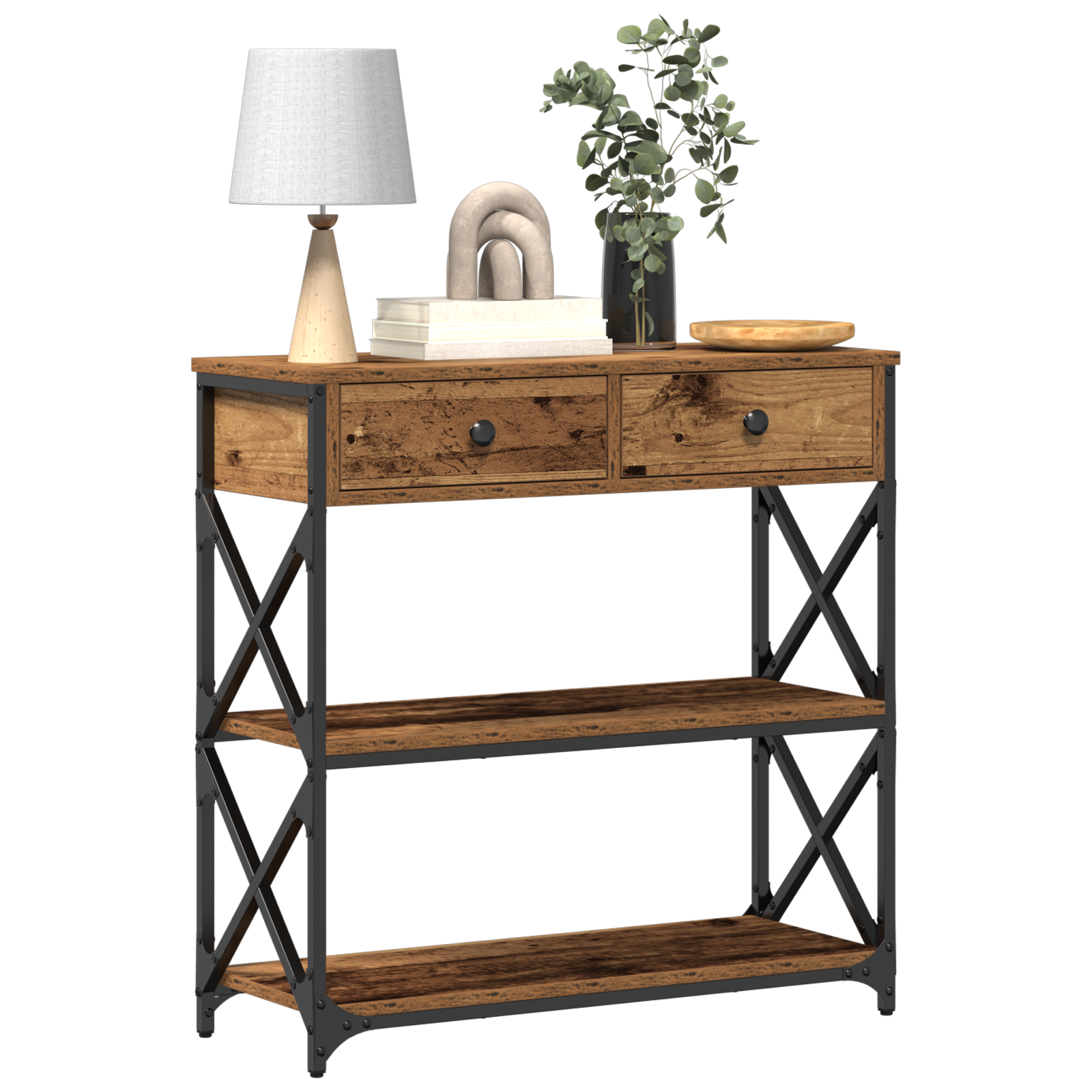 Konsollbord i gammel tre 75x28x75 cm laget av konstruert tre og stål