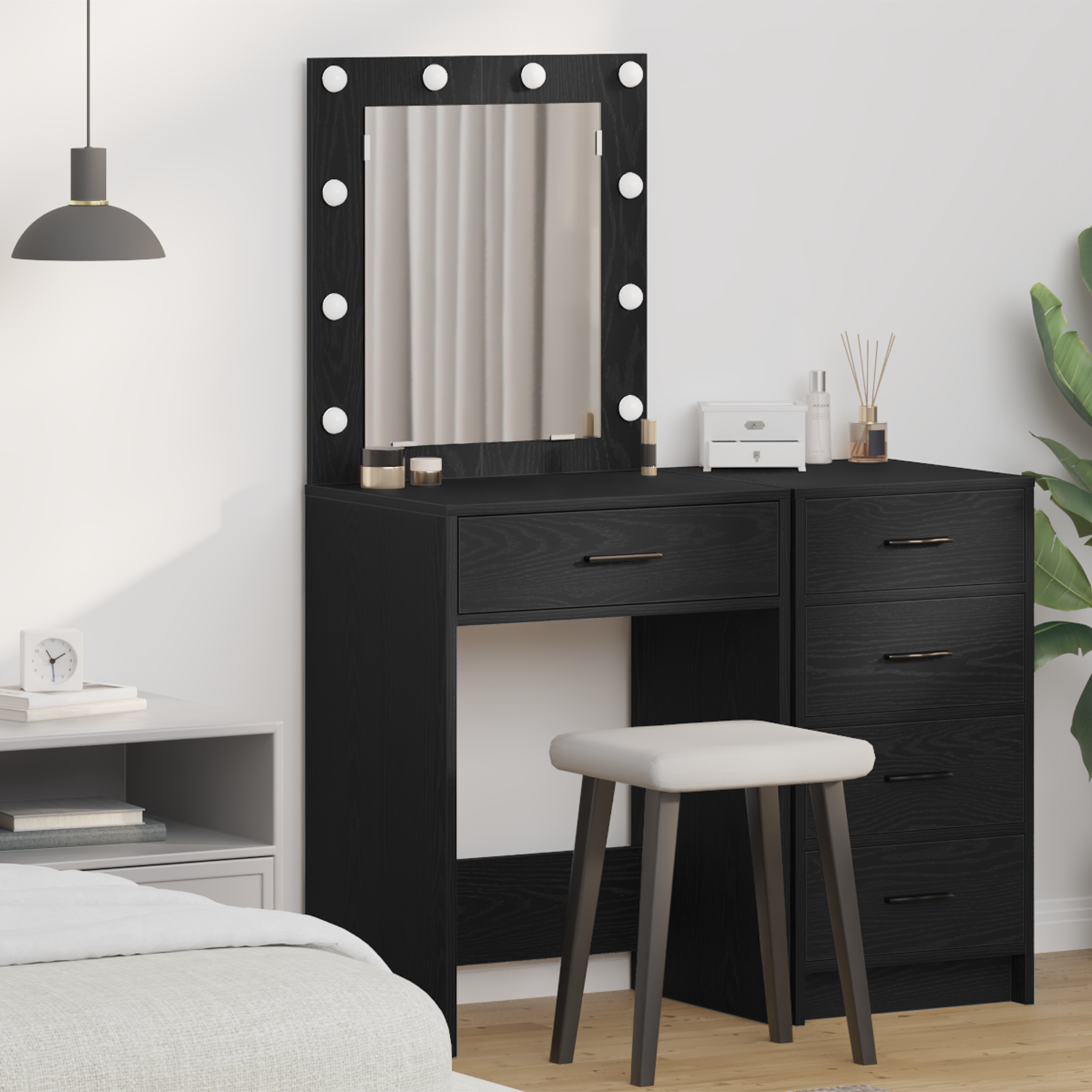 Dressing Table med LED-lamper Svart Eik 50x41x135 cm