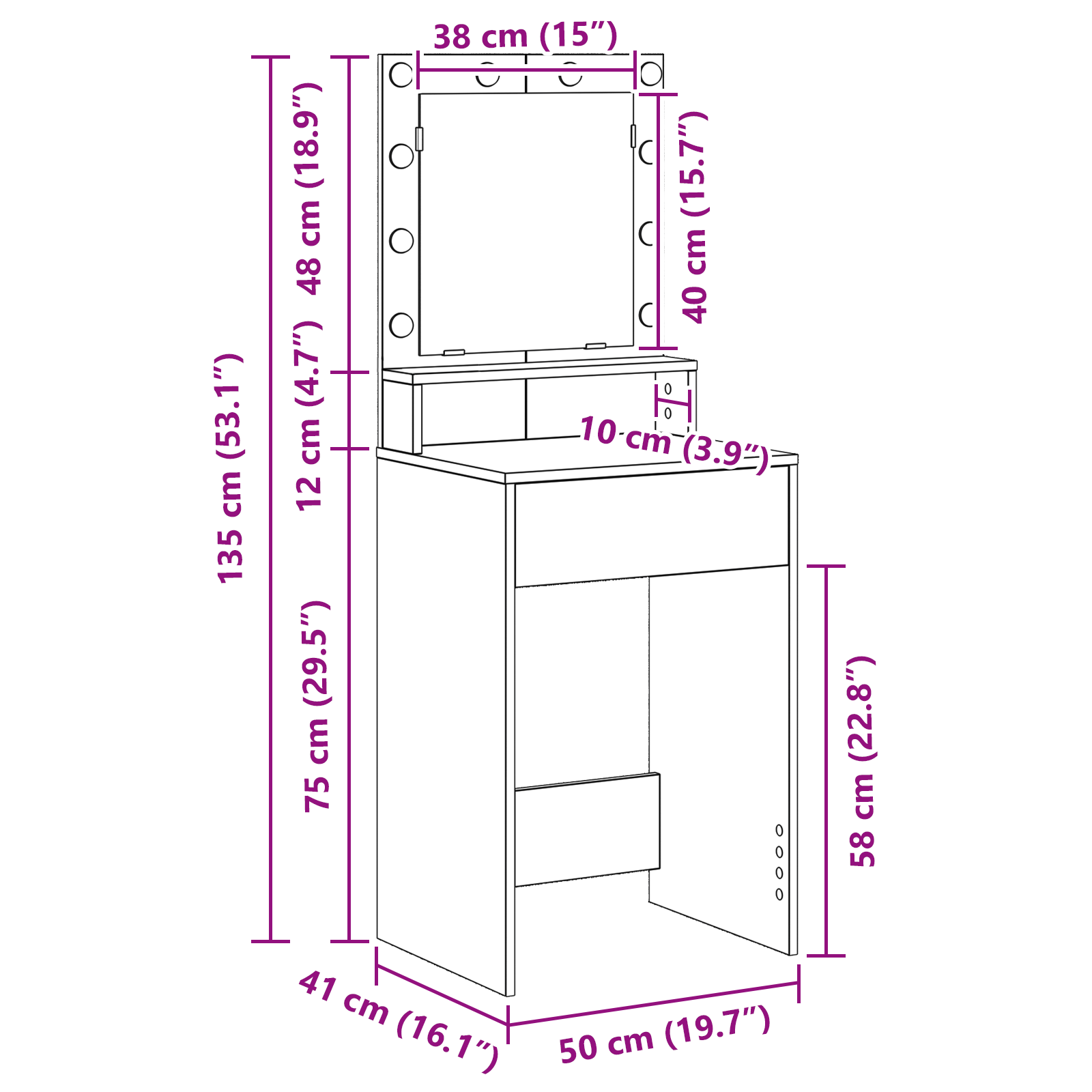 Dressing Table med LED Lys i Sonoma Oak, 50x41x135 cm