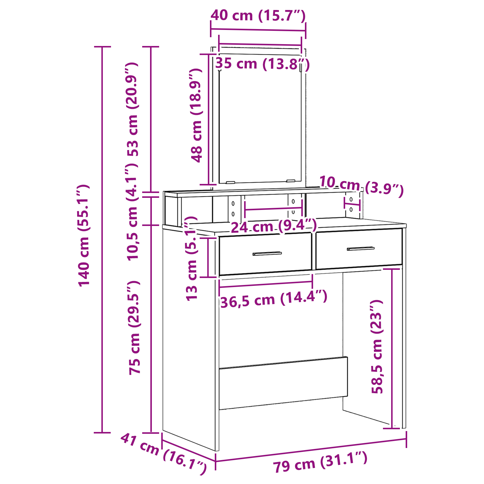 Sminkebord med Skuffer Hvit 79x41x140 cm