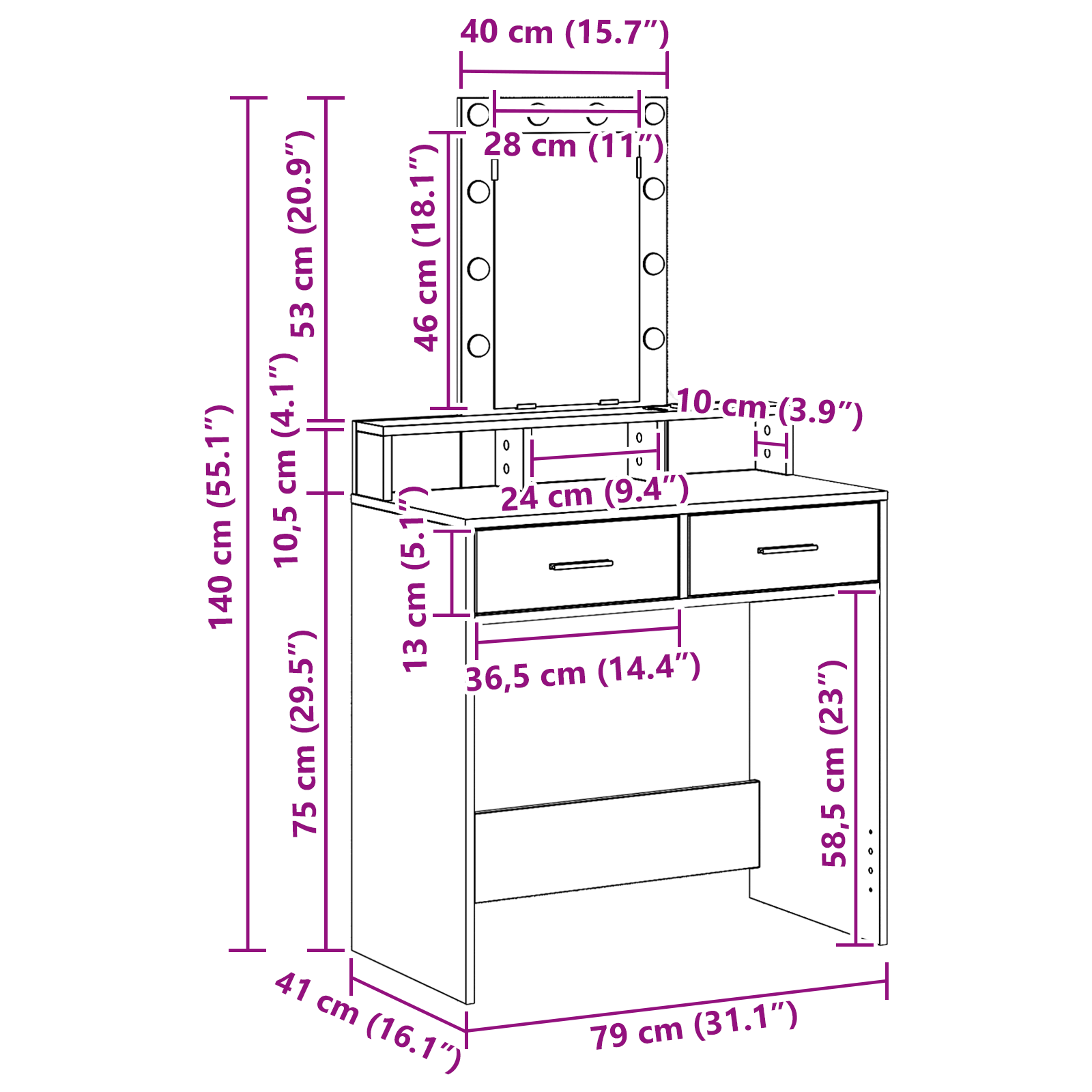 Sminkebord med LED-lamper Sonoma Eik 79x41x140 cm