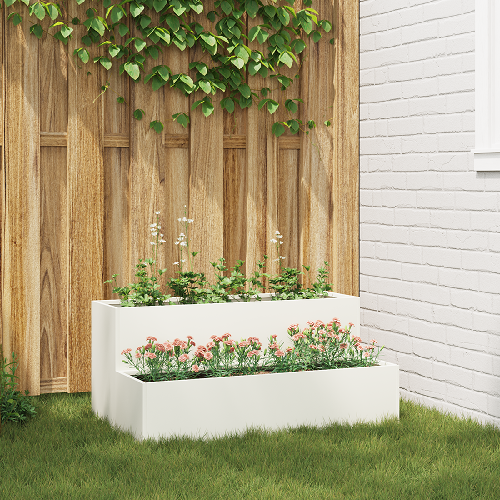 Hageplanter 2-Nivå 100x60x45 cm Hvit Stål