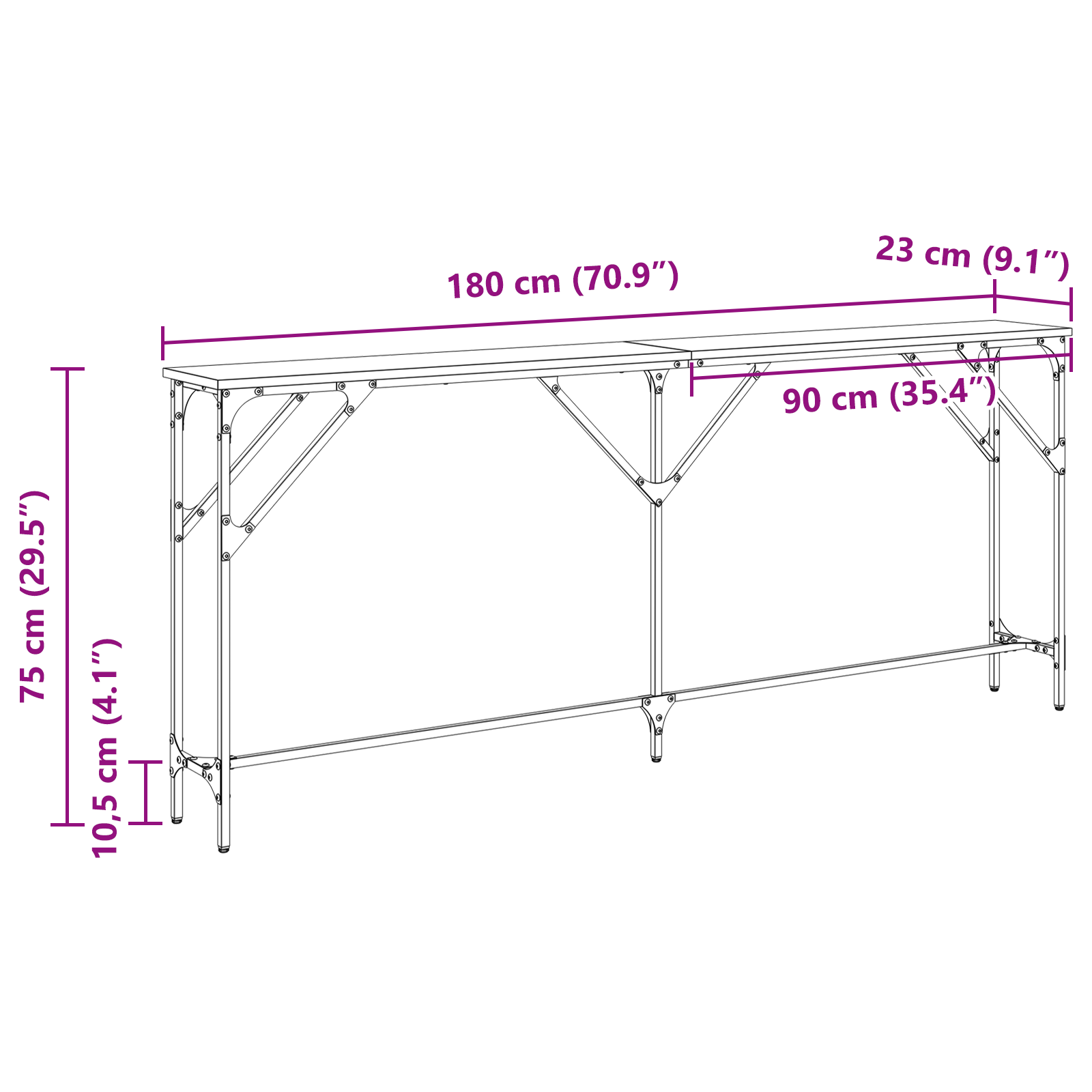Konsollbord Gammelt tre 180x23x75 cm Konstruert tre