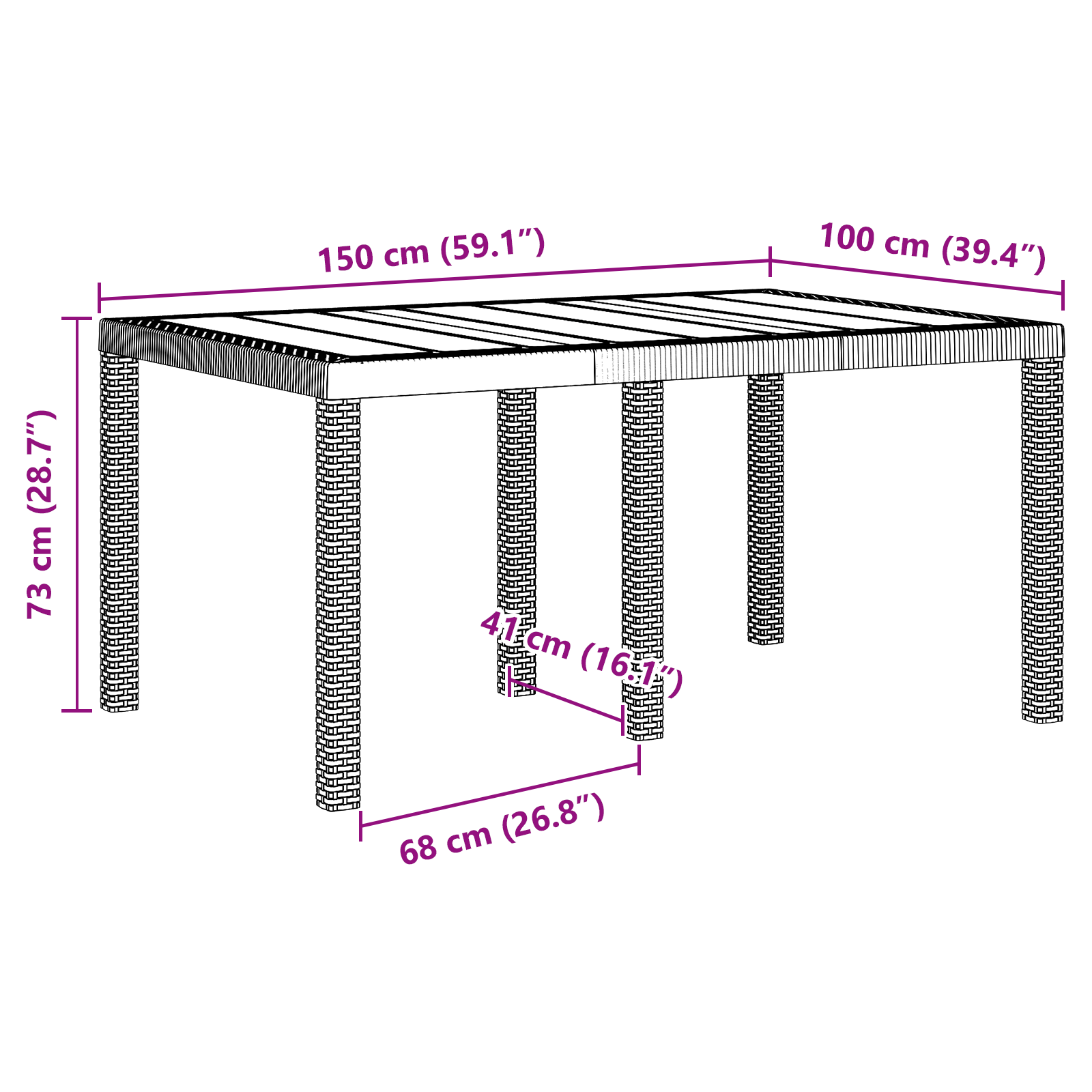 Hagebord Hvit 150x100x73 cm Poly Rattan