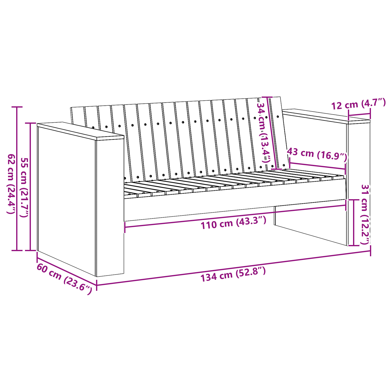 Hagesofa 2-seter 134x60x62 cm Hvit Massivt Tre Furu