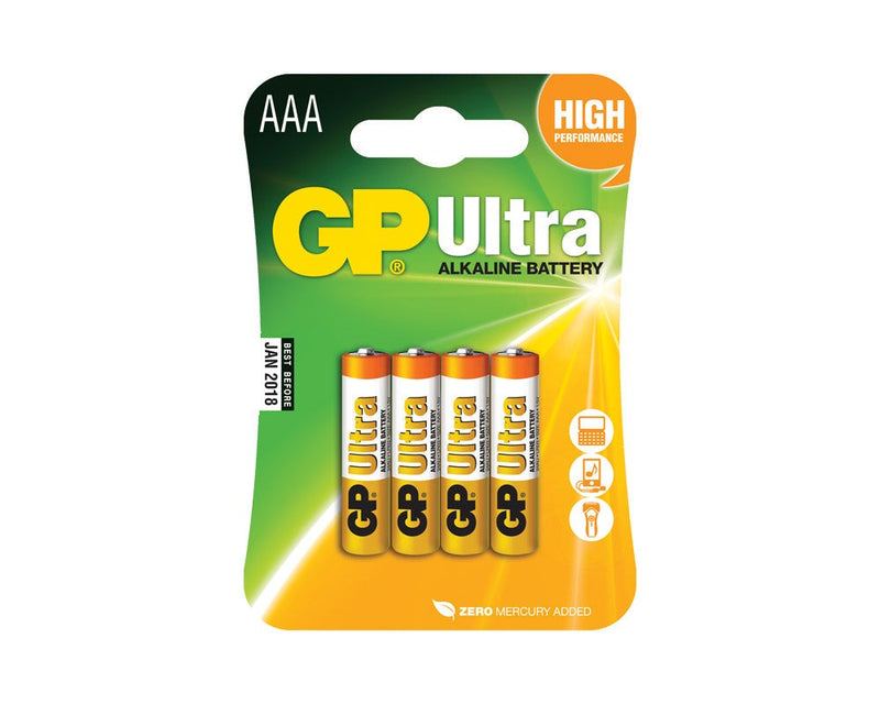 gul og grønn pakke med Gp ulltra batterier i 4 pk på hvit bakgrunn