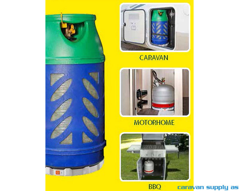 gassflasker vist i ulike miljøre, i en campingvogn, en bobil og plassert på en gassgrill