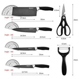 oversiktbilde over kniver og saksers lengde vinkel på skjæreblad og lengde på håndtak, alt på hvit bakgrunn