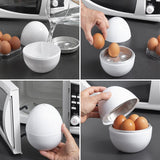 4 bilder sammensatt hvor bruksanvisningen for å koke egg i mikro ovnen demonstreres på hvert bilde